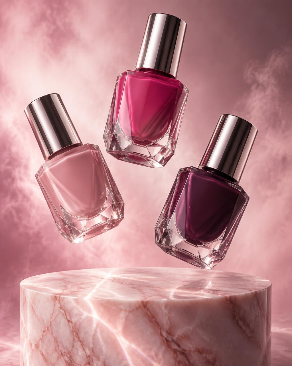 Three glossy Levant nail polish bottles floating over a pink marble pedestal